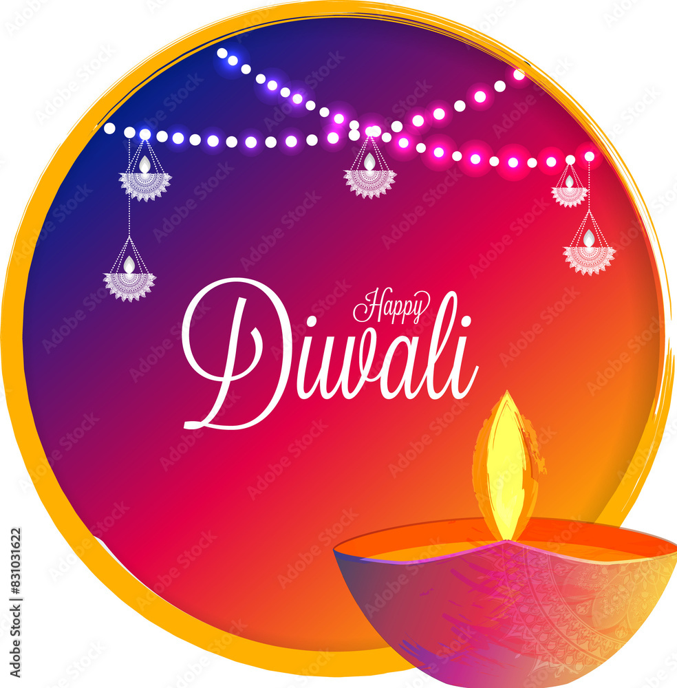 Poster diwali celebration background decorated with illuminated oil lamp (diya) and hanging bunting lights.