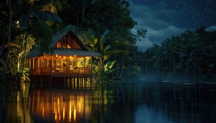 a image of a house on stilts in the middle of a lake