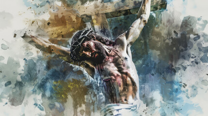 Digital watercolor depiction of Jesus dying on the Cross.