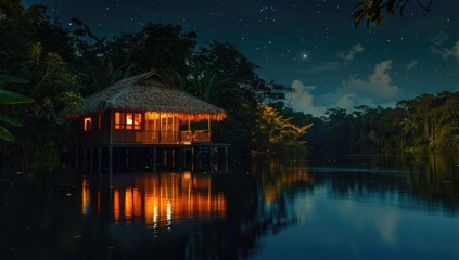 Fototapeta premium a image of a hut sitting on the edge of a lake at night