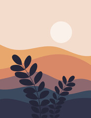 landscape background.wall art vector. Foliage line art drawing with abstract shape.Plant Art design for print, cover, wallpaper, Minimal and natural wall.