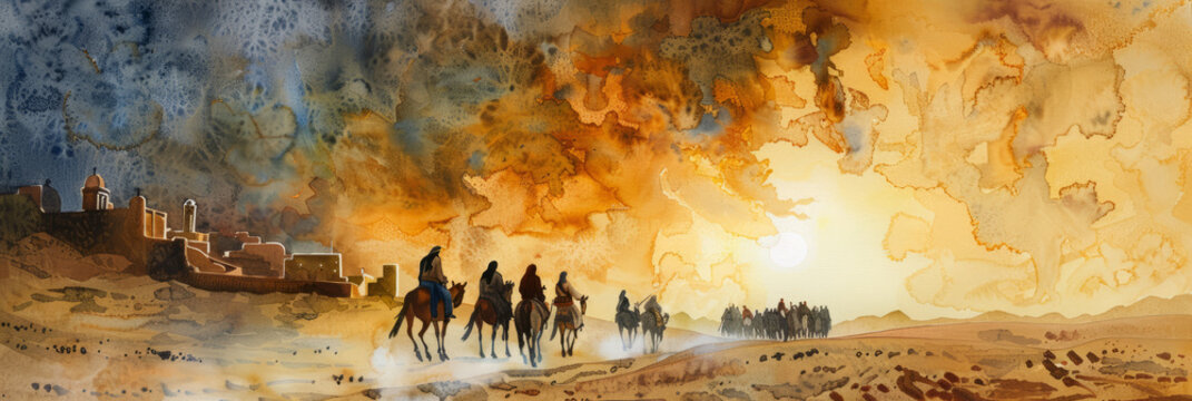 Escape from Egypt. Exodus 12:40. Old Testament. Watercolor Biblical Illustration