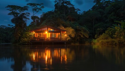 Obraz premium a image of a house on a lake at night with lights on
