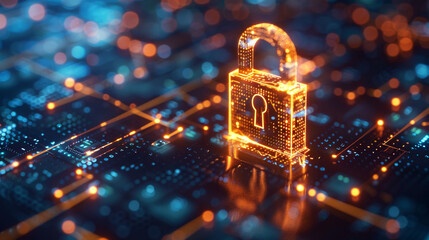 Glowing digital padlock on a circuit board background, symbolizing cybersecurity, data protection, and electronic security in technology.