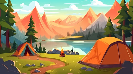Vector camping tent in the forest.Summer camp with bonfire, tent, backpack . cartoon landscape with mountain, forest and campsite.