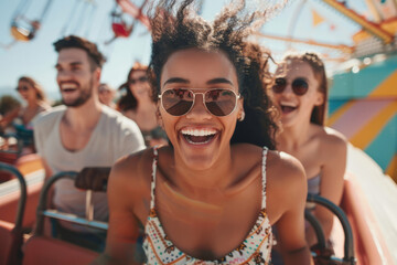 friends having a fun day at a theme park, with rides, games, and happy faces, highlighting leisure and adventure.