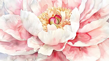 A stunning close-up of a delicate pink and white peony flower, showcasing its intricate petals and vibrant center. Perfect for nature lovers.