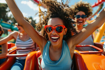 friends having a fun day at a theme park, with rides, games, and happy faces, highlighting leisure and adventure.