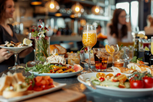 friends having a casual brunch at a trendy café, with delicious food, drinks, and cheerful conversations, capturing social gatherings and culinary enjoyment.