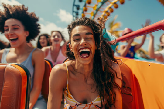friends having a fun day at a theme park, with rides, games, and happy faces, highlighting leisure and adventure.