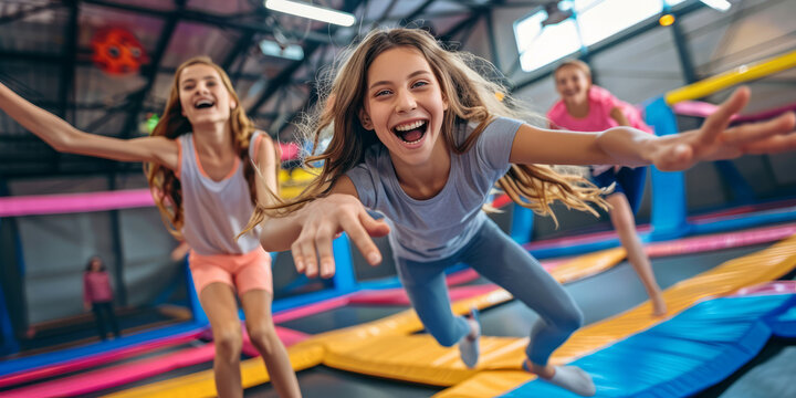friends having a fun day at a trampoline park, with jumps, flips, and joyful faces, capturing active lifestyles and social fun.