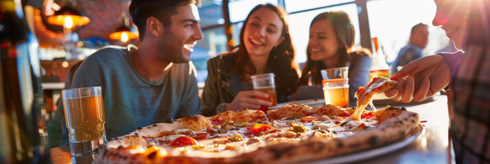 friends sharing a large pizza in a trendy pizzeria, with laughter and casual dining, emphasizing social gatherings and enjoyment.