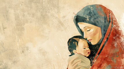 Illustration of Mother Mary with baby Jesus, digitally created on a neutral background, representing motherhood.