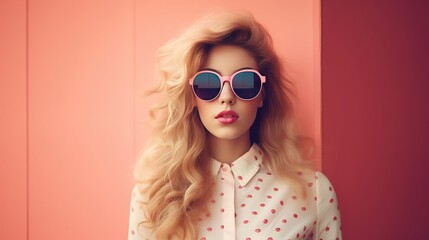 Retro style pastel colors summer background, Fashion woman wearing big sunglasses.