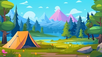 Vector camping tent in the forest.Summer camp with bonfire, tent, backpack . cartoon landscape with mountain, forest and campsite.