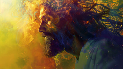 Jesus Christ presented with a beard and mustache on an abstract background, leaving plenty of space for additional content