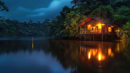 Fototapeta premium Cozy Cabin by the Riverside at Night