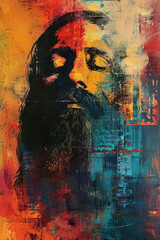 Jesus Christ shown with a full beard and mustache on an abstract canvas, providing ample room for text