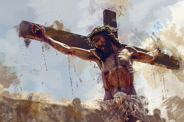 Jesus on the Cross during the Crucifixion, depicted in a digital watercolor painting.