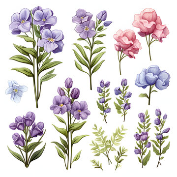 set of Wallflower, plants, leaves and flowers. illustrations of beautiful realistic flowers for background, pattern or wedding invitations