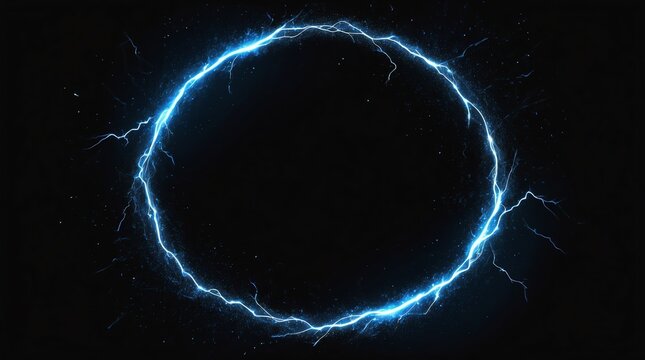 abstract circle of blue glowing light particles with lightning sparks on plain black background