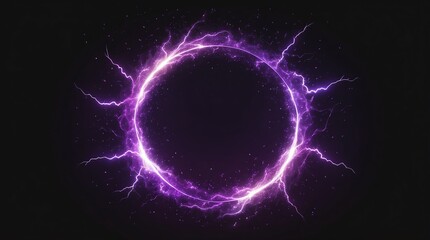 abstract circle of purple glowing light particles with lightning sparks on plain black background