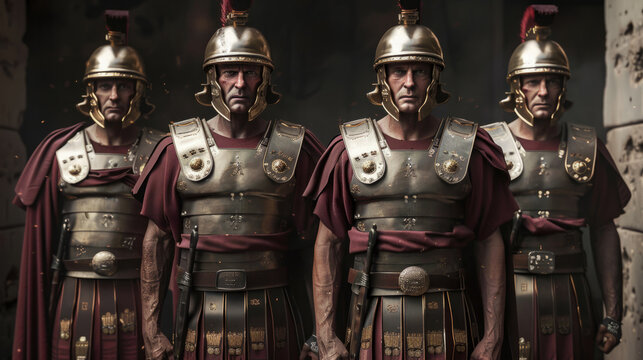 Photorealistic representation of Roman soldiers equipped with armor. Biblical figure. Historical figure.