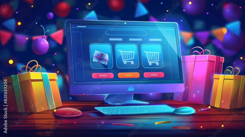 Poster cyber monday cartoon vector illustration with a computer screen showing a shopping website and disco