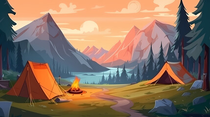 Vector camping tent in the forest.Summer camp with bonfire, tent, backpack . cartoon landscape with mountain, forest and campsite.