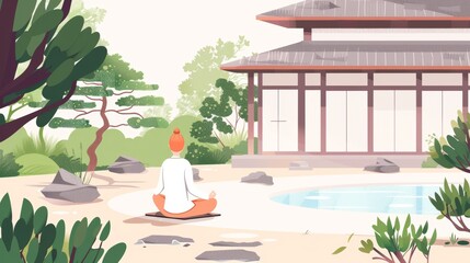 Serene illustration of a person meditating by a pool in a traditional Japanese garden, surrounded by trees and a quiet, peaceful ambiance.