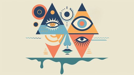 Surreal geometric abstract art with triangles, eyes, and ocean-themed elements in vibrant colors. Unique and eye-catching design.