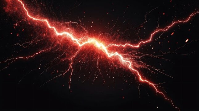 abstract impact of red glowing light particles with lightning sparks on plain black background