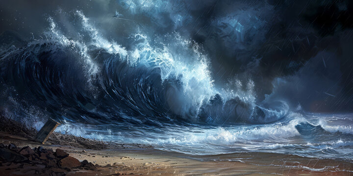 The flood, a deluge. An enormous wave strikes the shore. Illustration. Biblical Scene