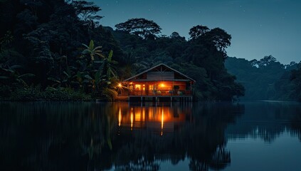 Fototapeta premium Cozy Cabin by the Riverside at Night