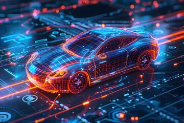 A car is shown in a futuristic setting with a lot of technology surrounding it. The car is surrounded by a lot of wires and circuits, giving it a very advanced and futuristic appearance