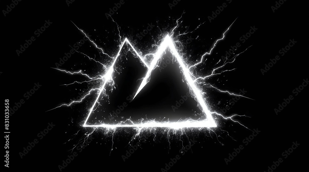 Wall mural abstract triangle of white glowing light particles with lightning sparks on plain black background