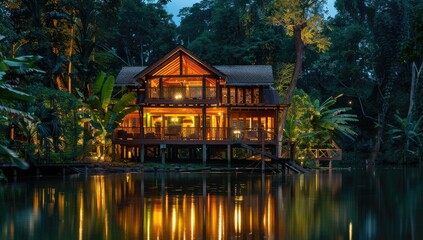 Obraz premium a image of a house on stilts in the middle of a lake