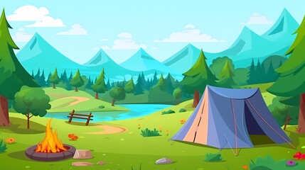 Vector camping tent in the forest.Summer camp with bonfire, tent, backpack . cartoon landscape with mountain, forest and campsite.