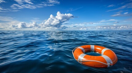 Orange lifebuoy floating in the open sea as a symbol of safety and hope under the wide sky