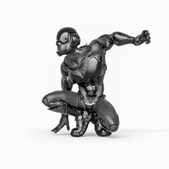 futuristic astronaut is crouched ready to jump in white background