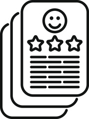 Black and white vector icon of a customer satisfaction form with a happy face and star rating