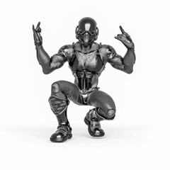 futuristic astronaut is crouched and doing a heavy metal pose in white background