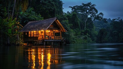Obraz premium a image of a house on a river with a boat in the water
