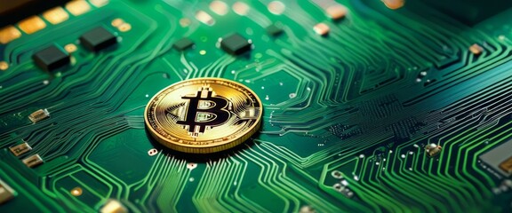 A golden Bitcoin rests on a detailed green circuit board, symbolizing the integration of technology and digital finance.