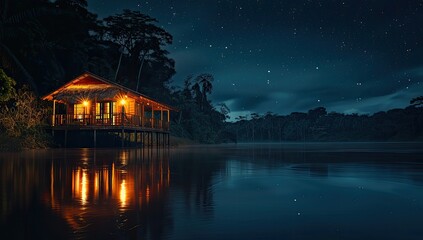 Fototapeta premium Riverside Cabin Under Starry Sky