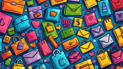 Cartoon vector illustration of a Cyber Monday sale with a background of colorful discount stickers and shopping icons cartoon Vector Illustration Generative AI