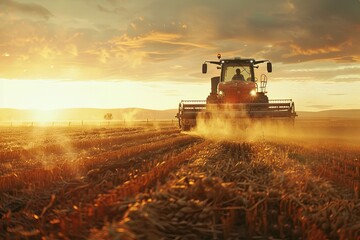 Obraz premium Tractor harvesting a field at sunset with a dusty trail