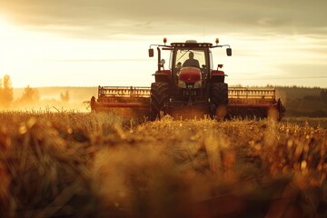 Naklejka premium Tractor harvesting crops in a field during sunset