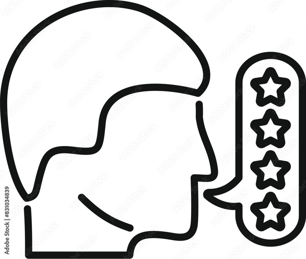 Poster line art vector icon of a user profile with a speech bubble featuring five stars, symbolizing custom
