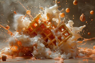 A freshly baked waffle emerges, surrounded by a chaotic scene of smoking fragments resembling burning meteorites hurtling through space in a galactic spectacle.